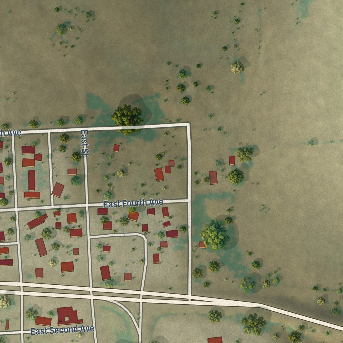 Second close-up of the map of Kit Carson, Colorado print showing more streets and buildings