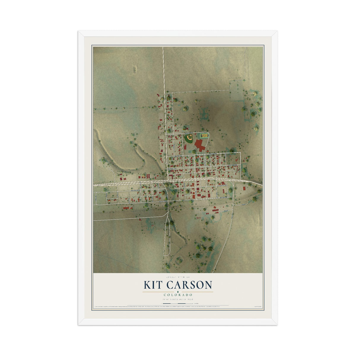 Map of Kit Carson, Colorado, 12 x 18 inch print in a white wood frame