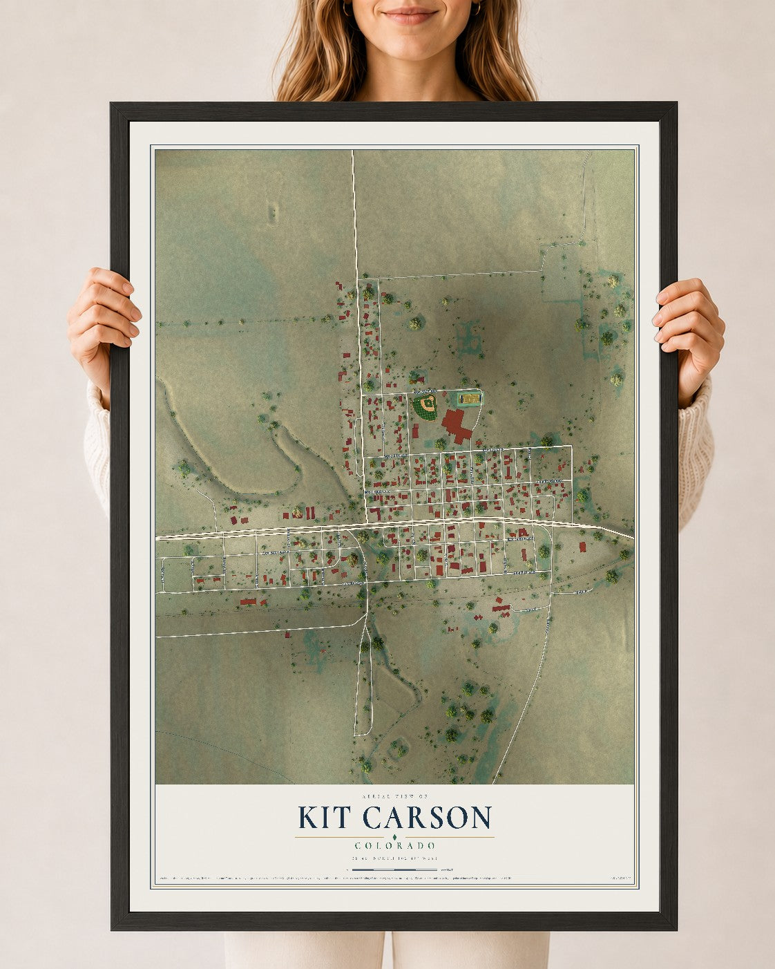 Map of Kit Carson, Colorado, 24 x 36 inch print in a black wood frame