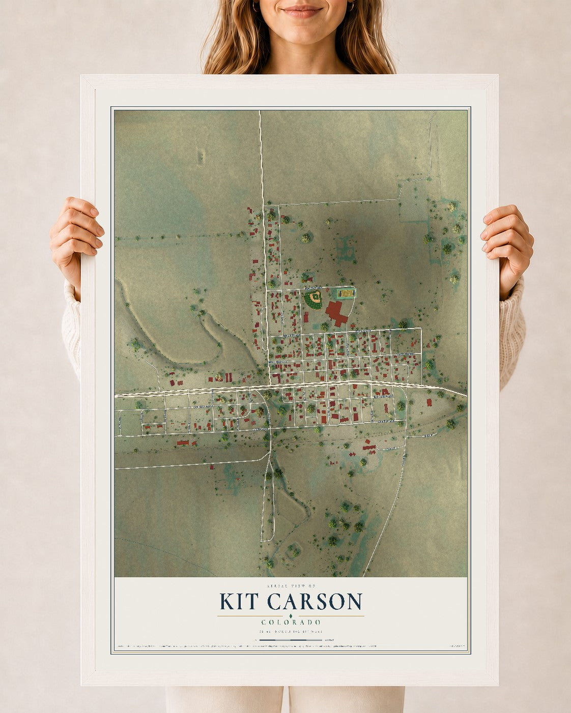 Map of Kit Carson, Colorado, 24 x 36 inch print in a white wood frame