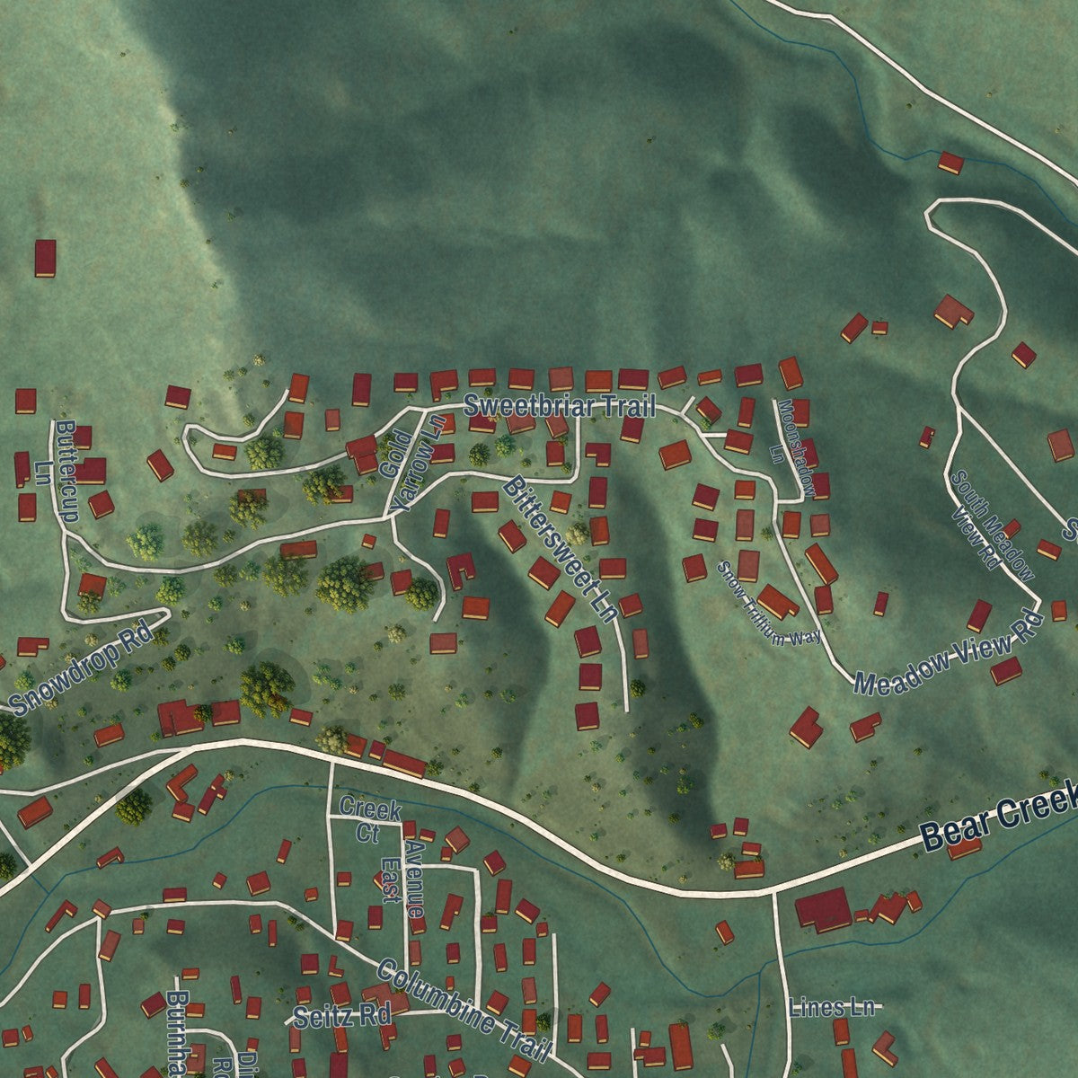 Close-up of the map of Kittredge, Colorado print showing street and building detail