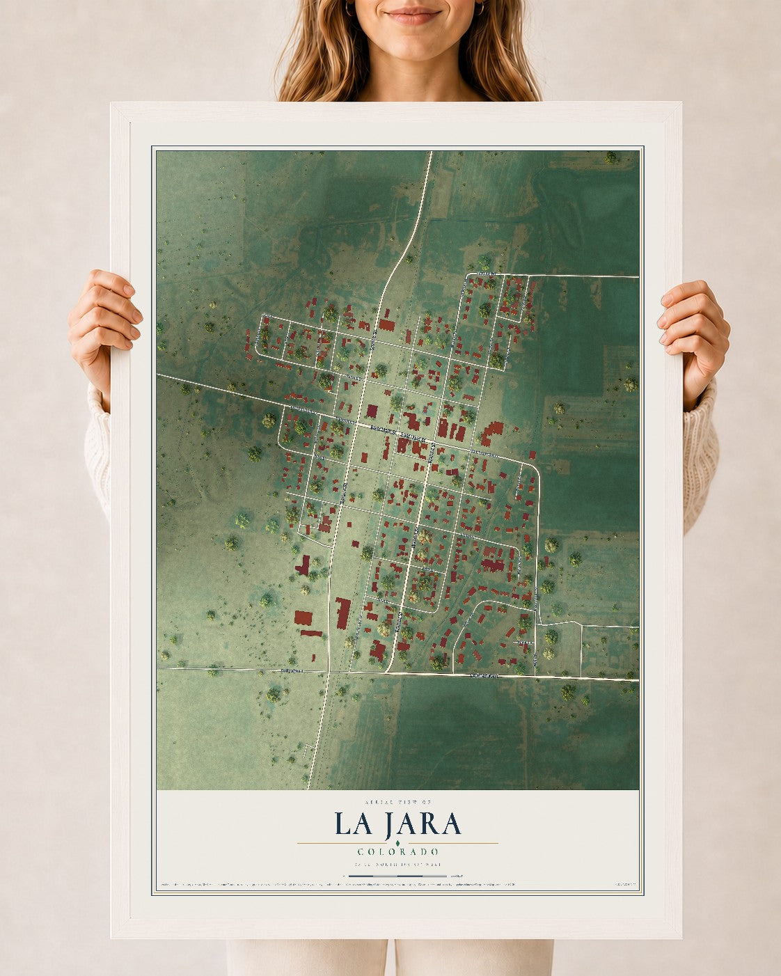 Map of La Jara, Colorado, 24 x 36 inch print in a white wood frame