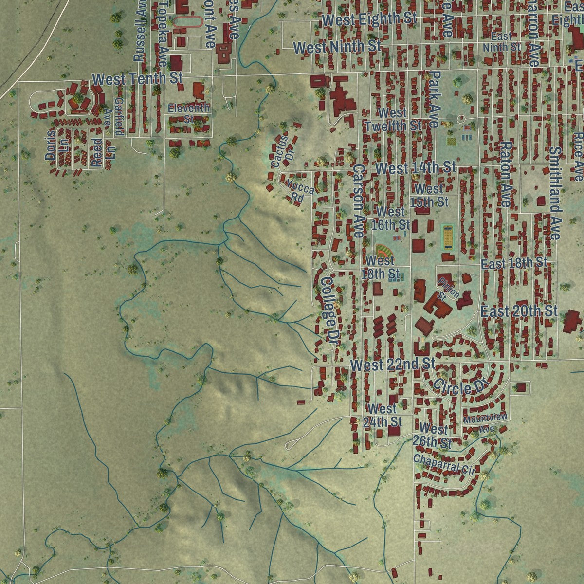 Close-up of the map of La Junta, Colorado print showing street and building detail