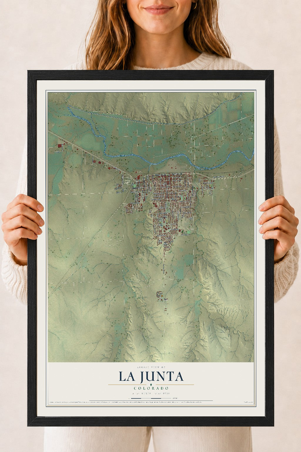 Map of La Junta, Colorado, 18 x 24 inch print in a black wood frame