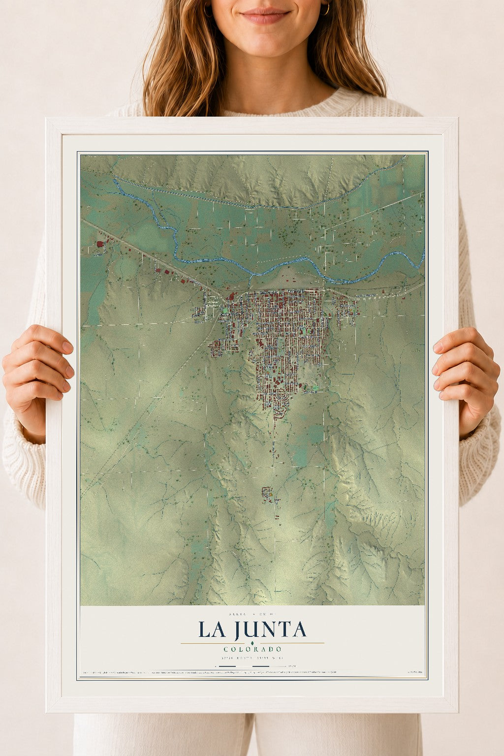 Map of La Junta, Colorado, 18 x 24 inch print in a white wood frame