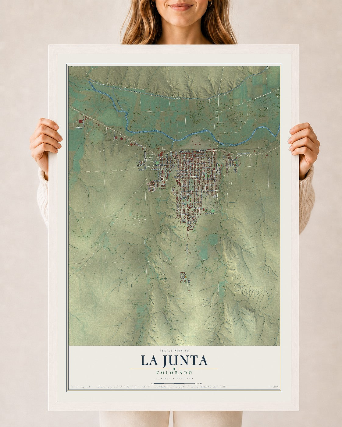 Map of La Junta, Colorado, 24 x 36 inch print in a white wood frame