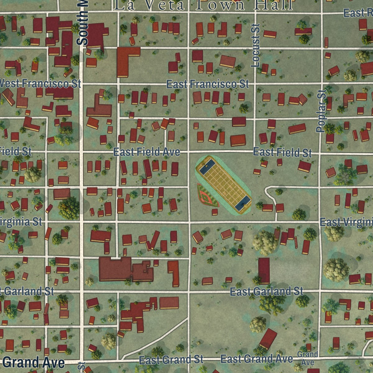 Close-up of the map of La Veta, Colorado print showing street and building detail