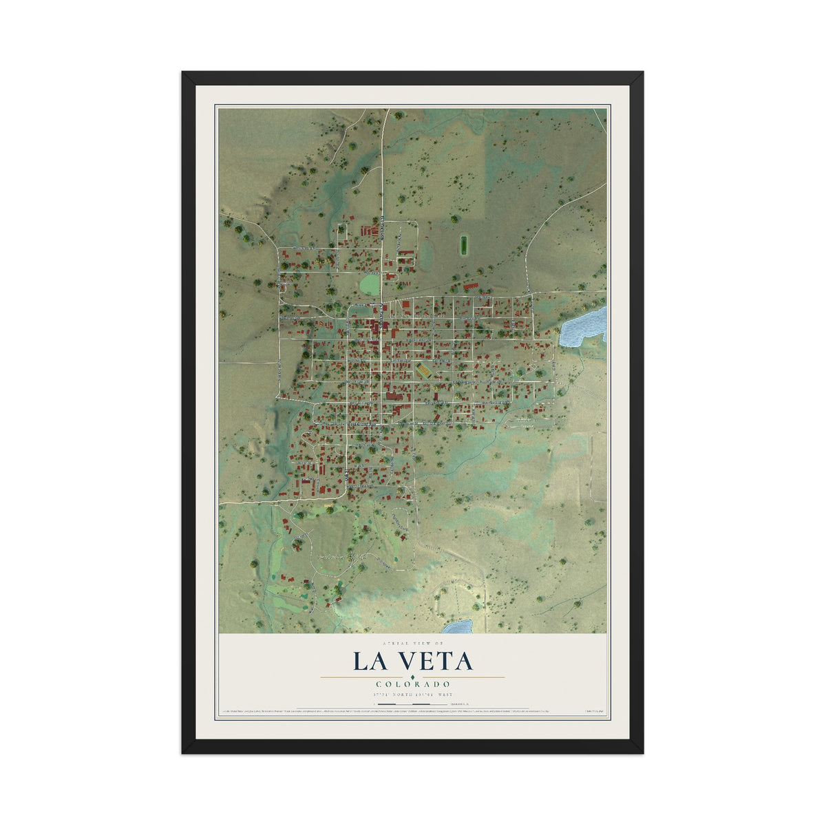 Map of La Veta, Colorado, 12 x 18 inch print in a black wood frame