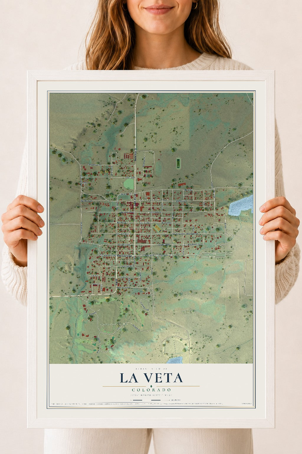 Map of La Veta, Colorado, 18 x 24 inch print in a white wood frame