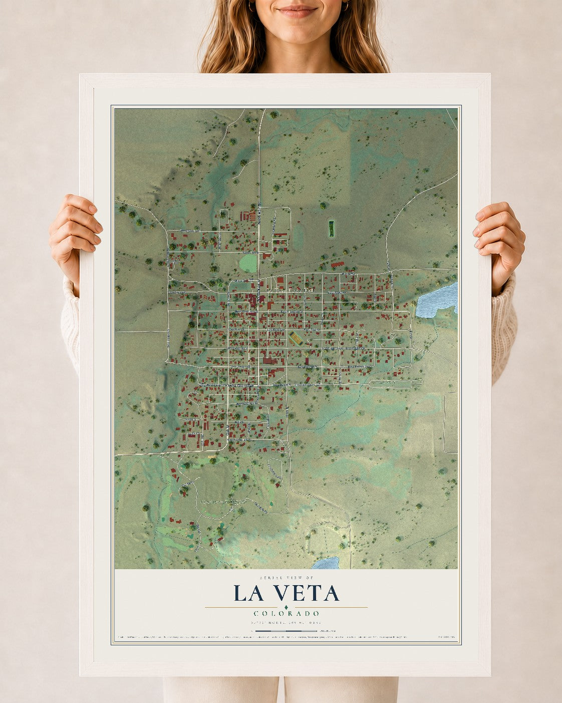 Map of La Veta, Colorado, 24 x 36 inch print in a white wood frame