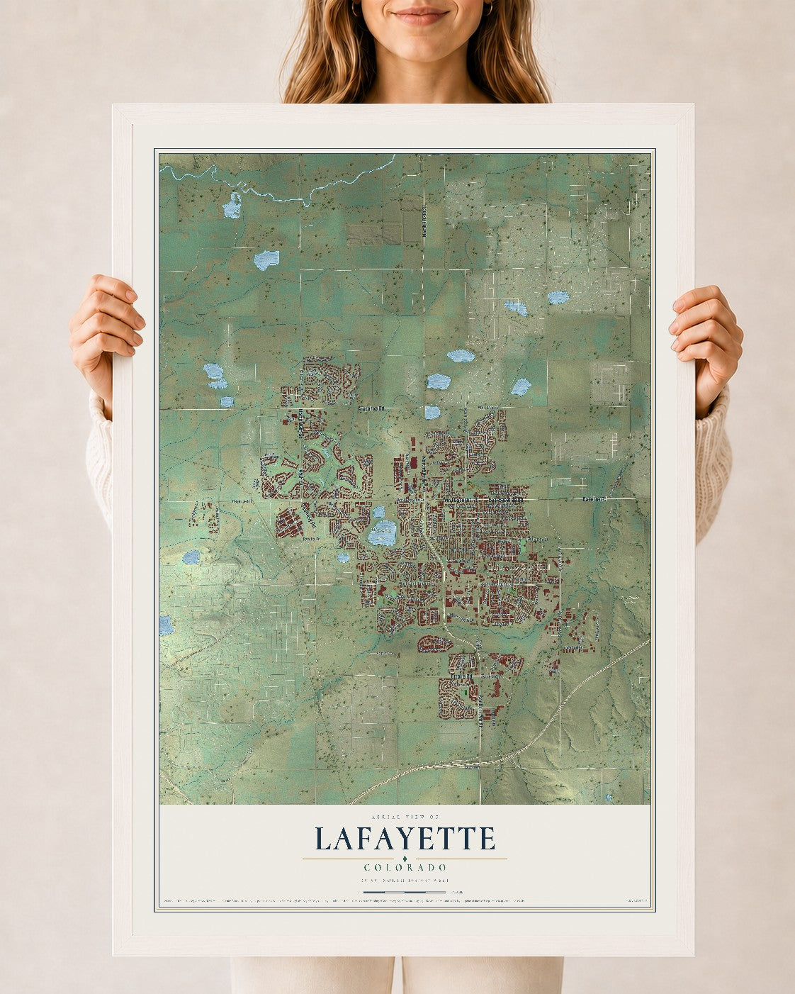 Map of Lafayette, Colorado, 24 x 36 inch print in a white wood frame