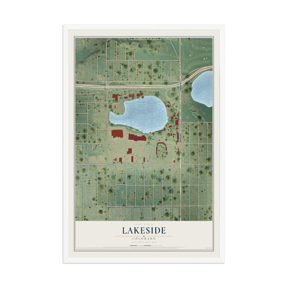Map of Lakeside, Colorado, 12 x 18 inch print in a white wood frame