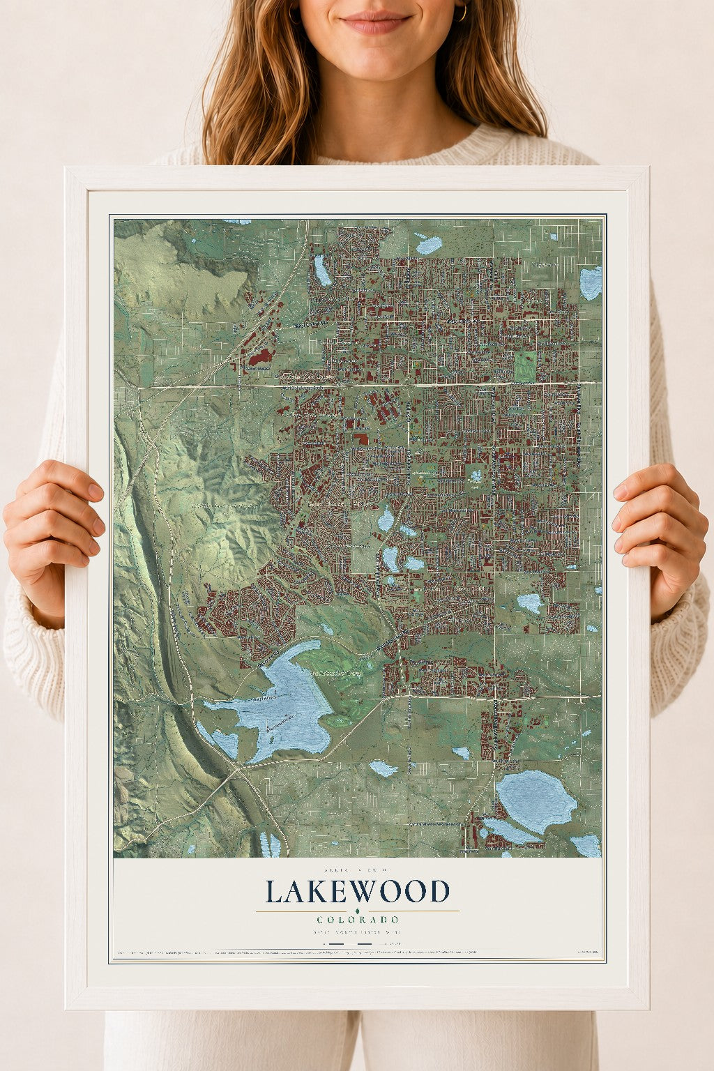 Map of Lakewood, Colorado, 18 x 24 inch print in a white wood frame