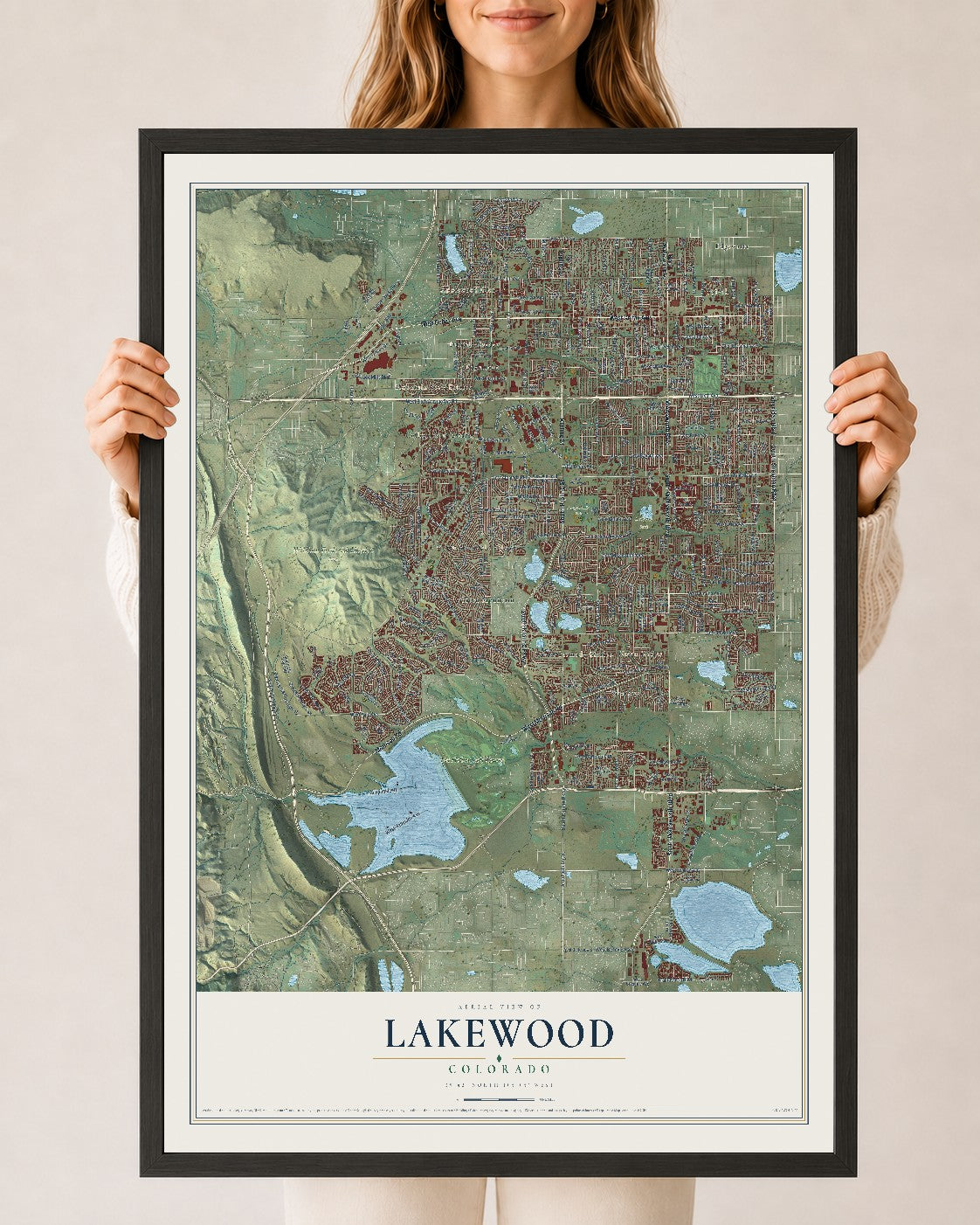 Map of Lakewood, Colorado, 24 x 36 inch print in a black wood frame