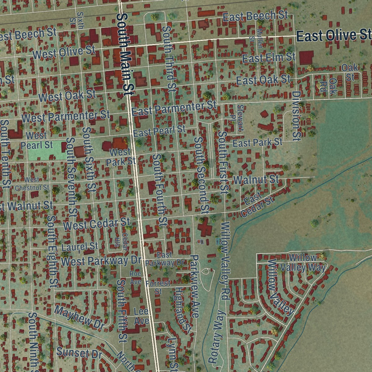 Close-up of the map of Lamar, Colorado print showing street and building detail