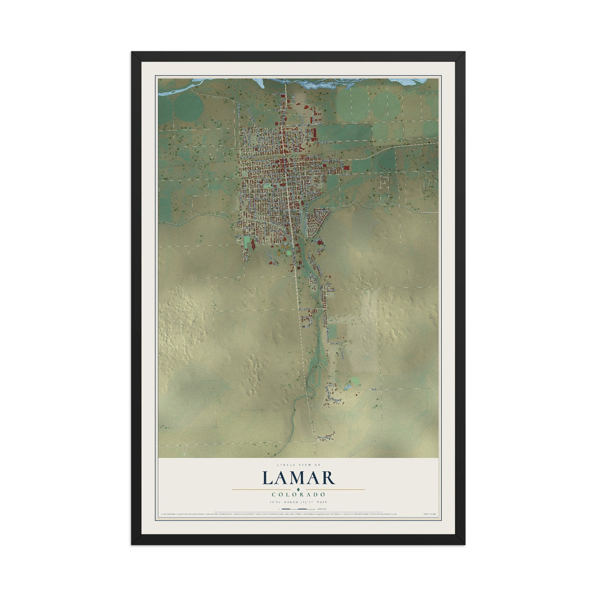 Map of Lamar, Colorado, 12 x 18 inch print in a black wood frame