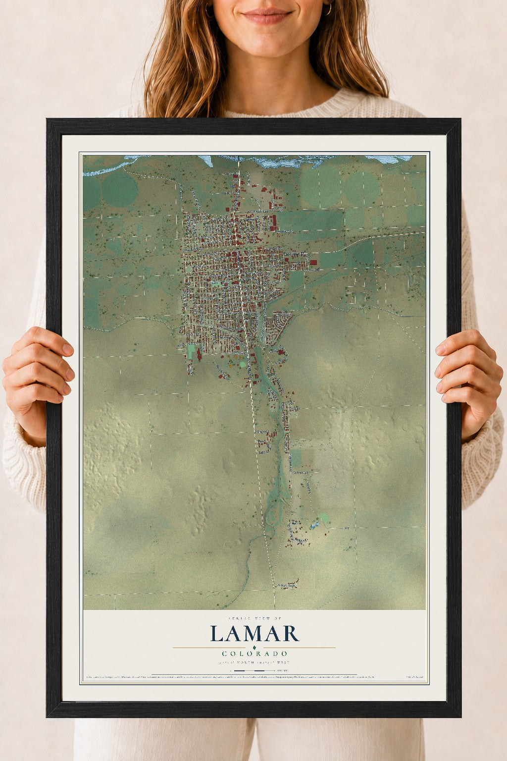 Map of Lamar, Colorado, 18 x 24 inch print in a black wood frame