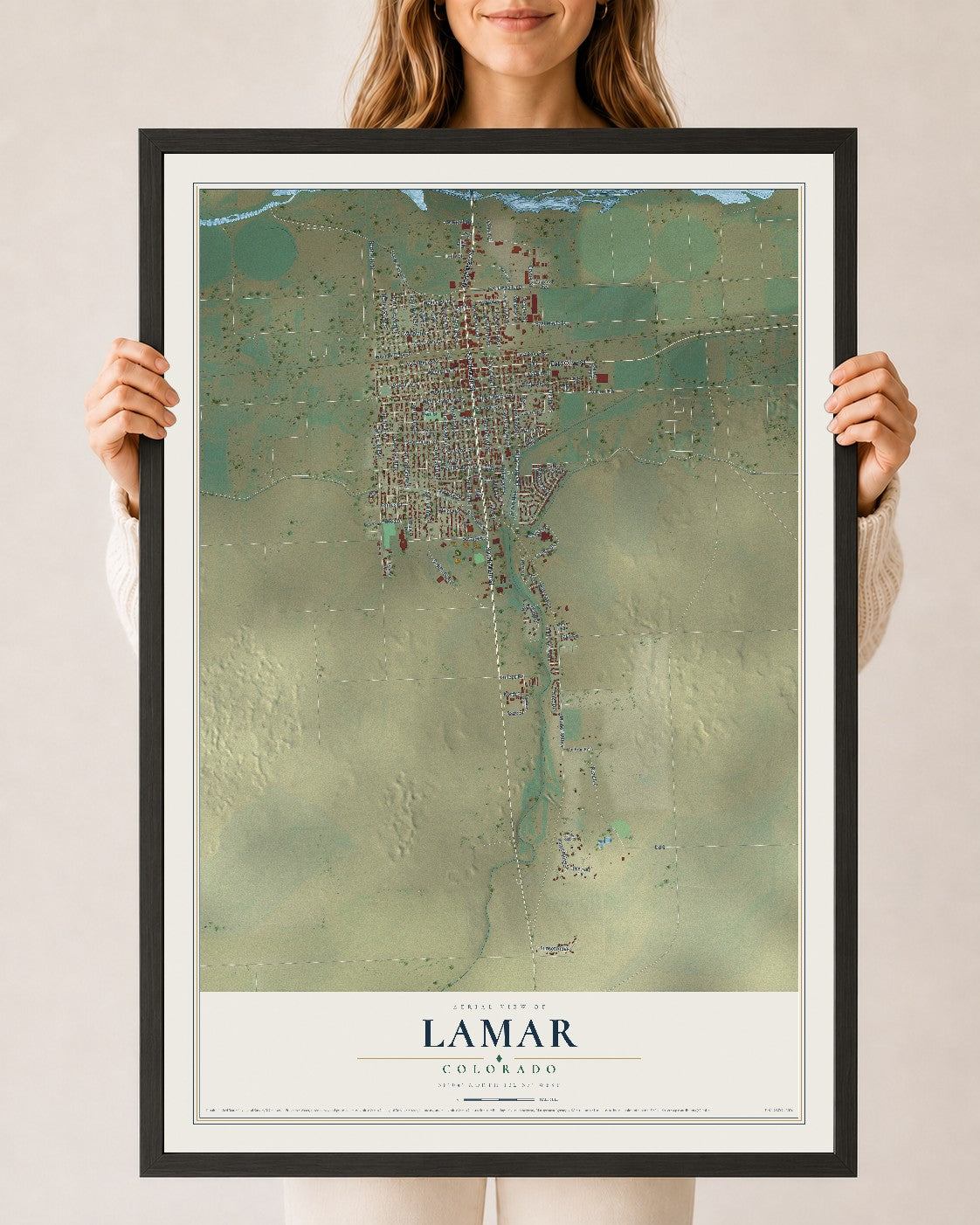 Map of Lamar, Colorado, 24 x 36 inch print in a black wood frame