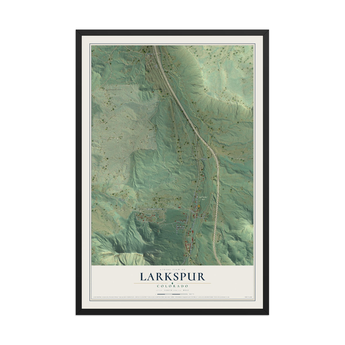 Map of Larkspur, Colorado, 12 x 18 inch print in a black wood frame