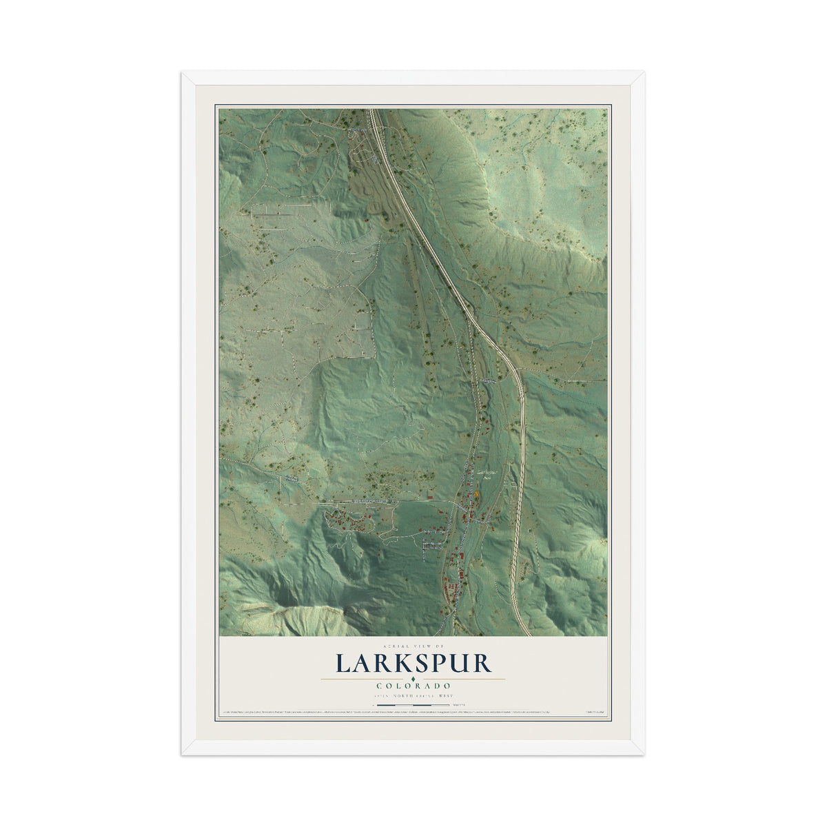 Map of Larkspur, Colorado, 12 x 18 inch print in a white wood frame