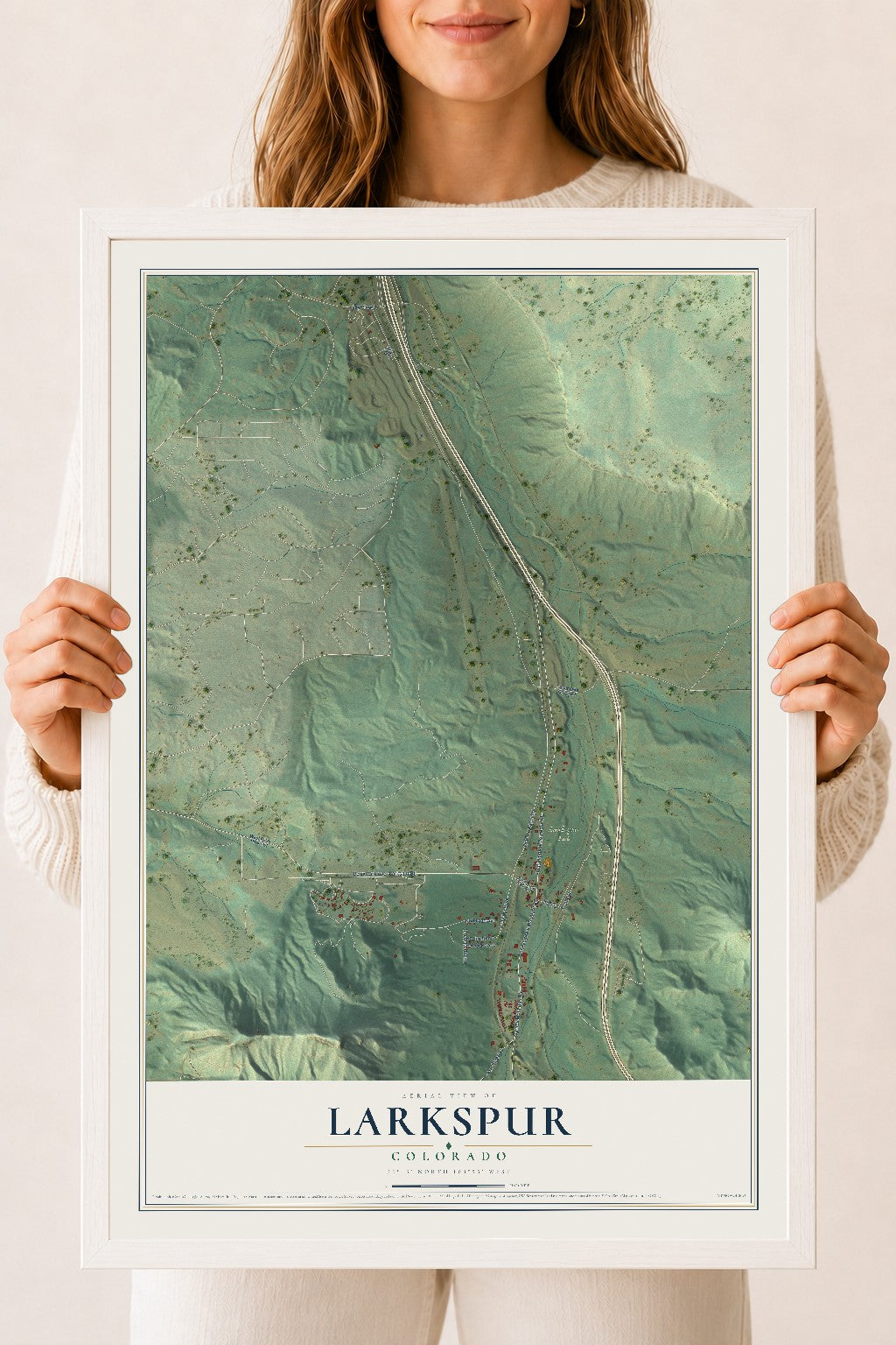 Map of Larkspur, Colorado, 18 x 24 inch print in a white wood frame