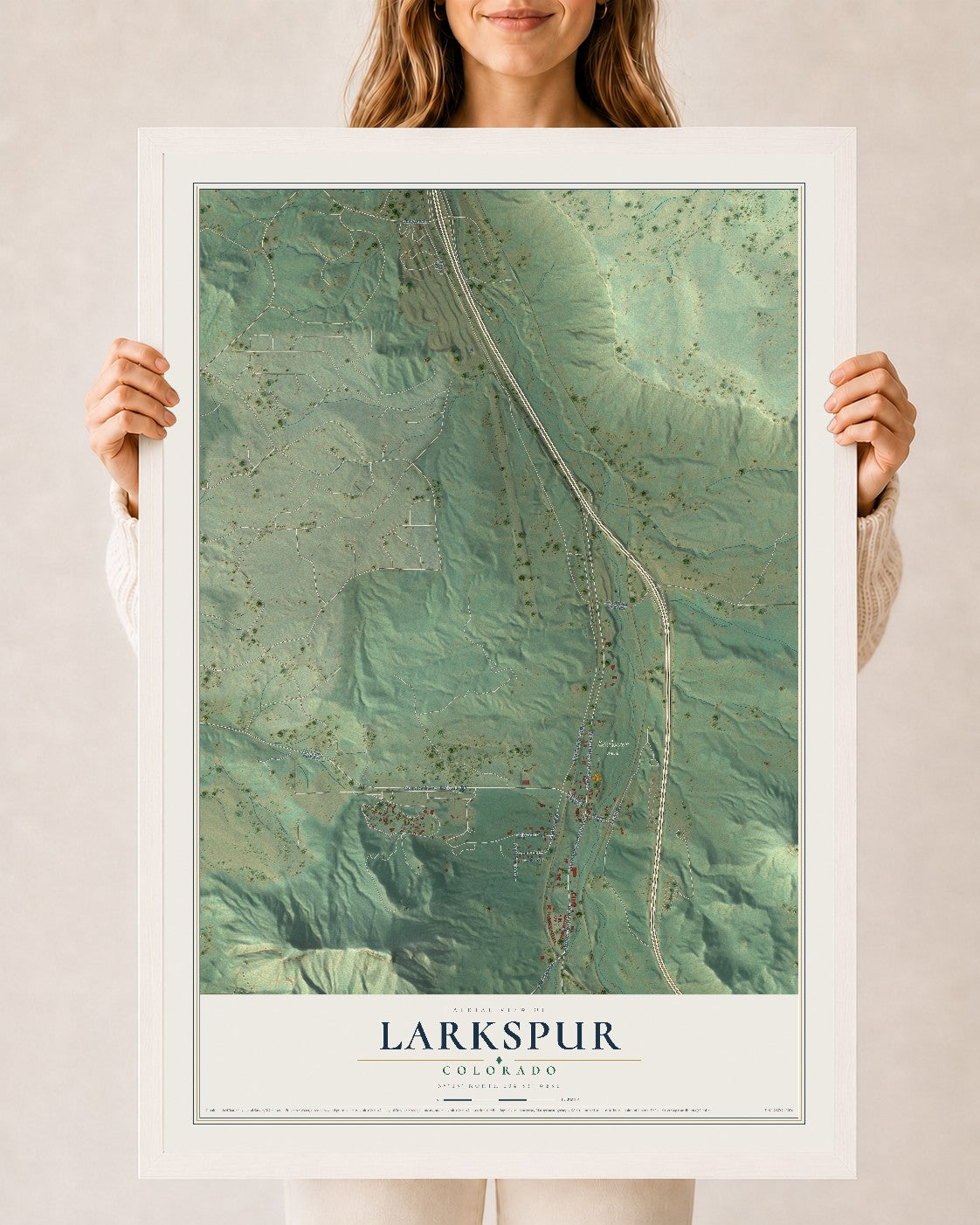 Map of Larkspur, Colorado, 24 x 36 inch print in a white wood frame