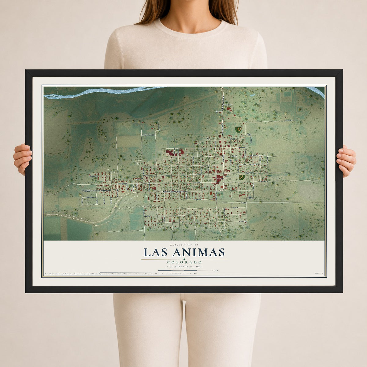 Map of Las Animas, Colorado, 24 x 36 inch print in a black wood frame