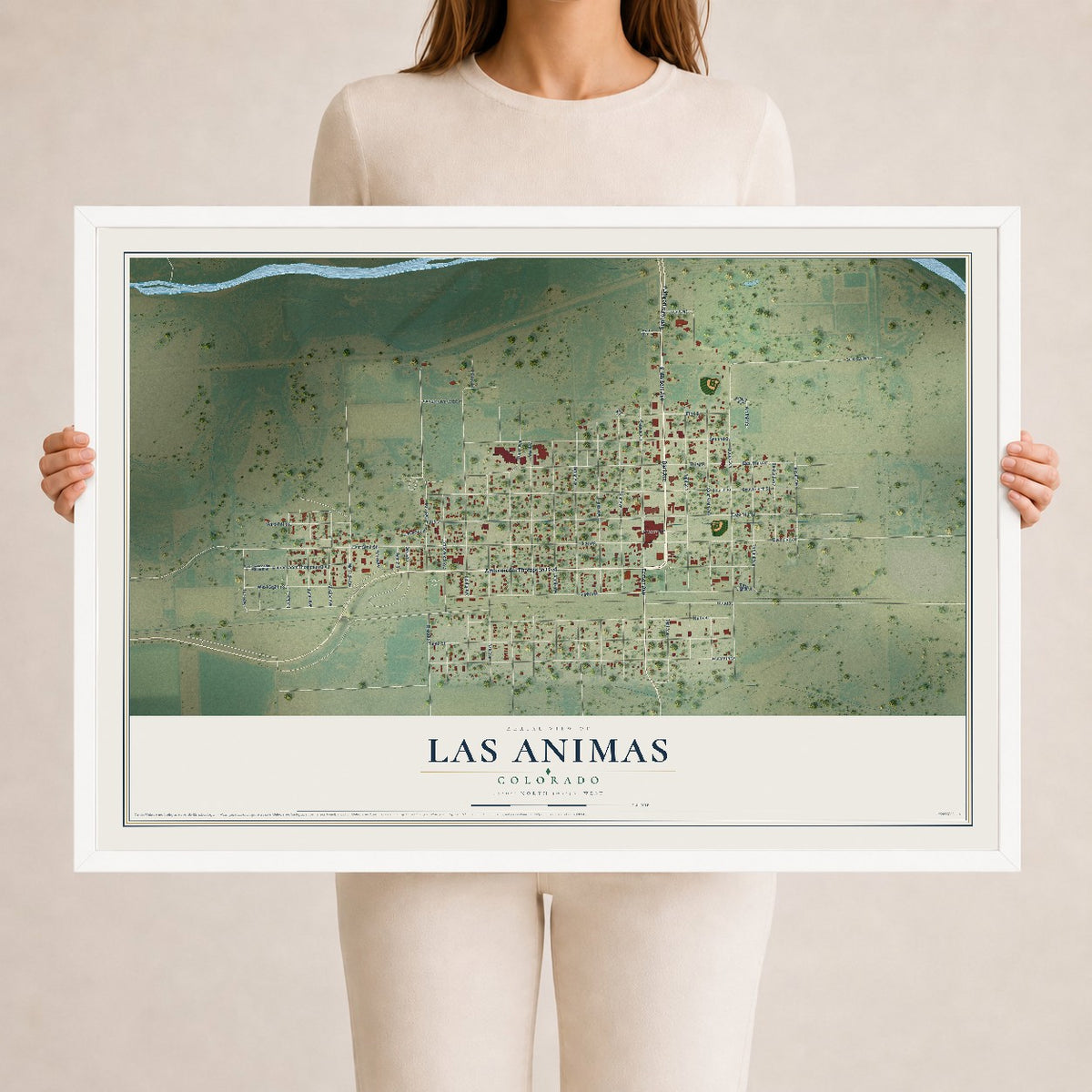 Map of Las Animas, Colorado, 24 x 36 inch print in a white wood frame