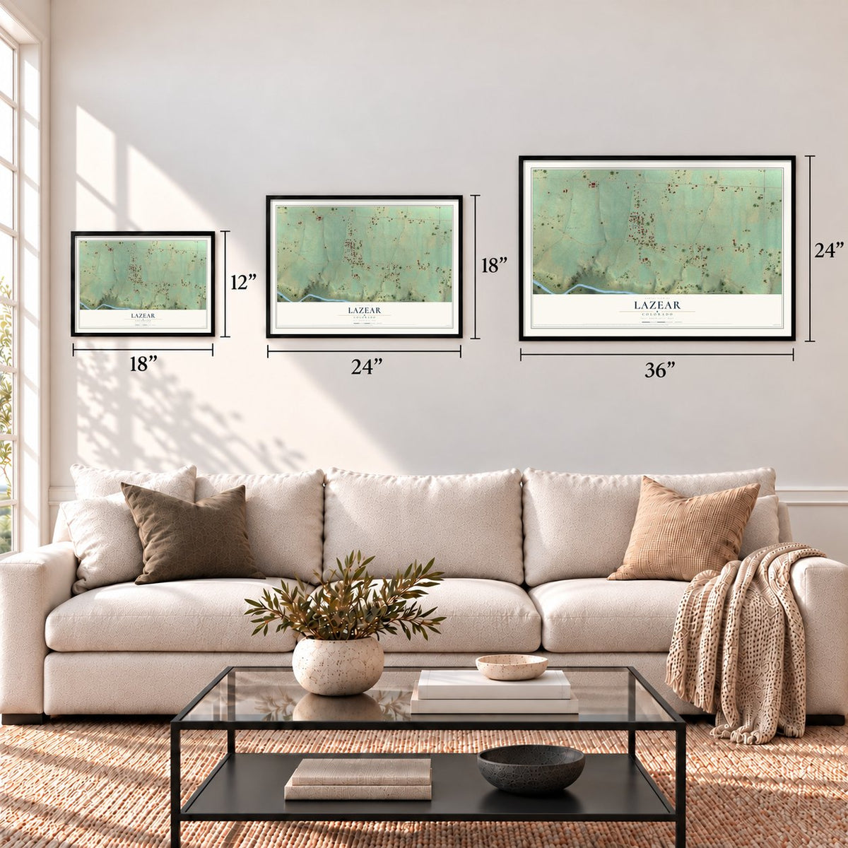 Lazear, Colorado map in 12 x 18, 18 x 24 and 24 x 36 inch sizes above a sofa
