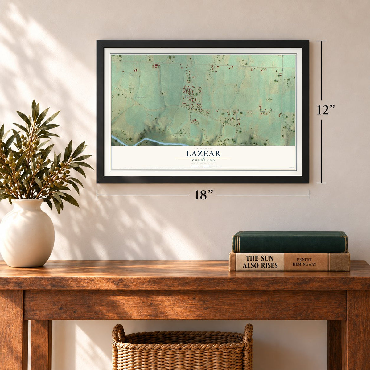 Lazear, Colorado map, 12 x 18 inch print in a black frame in an entryway