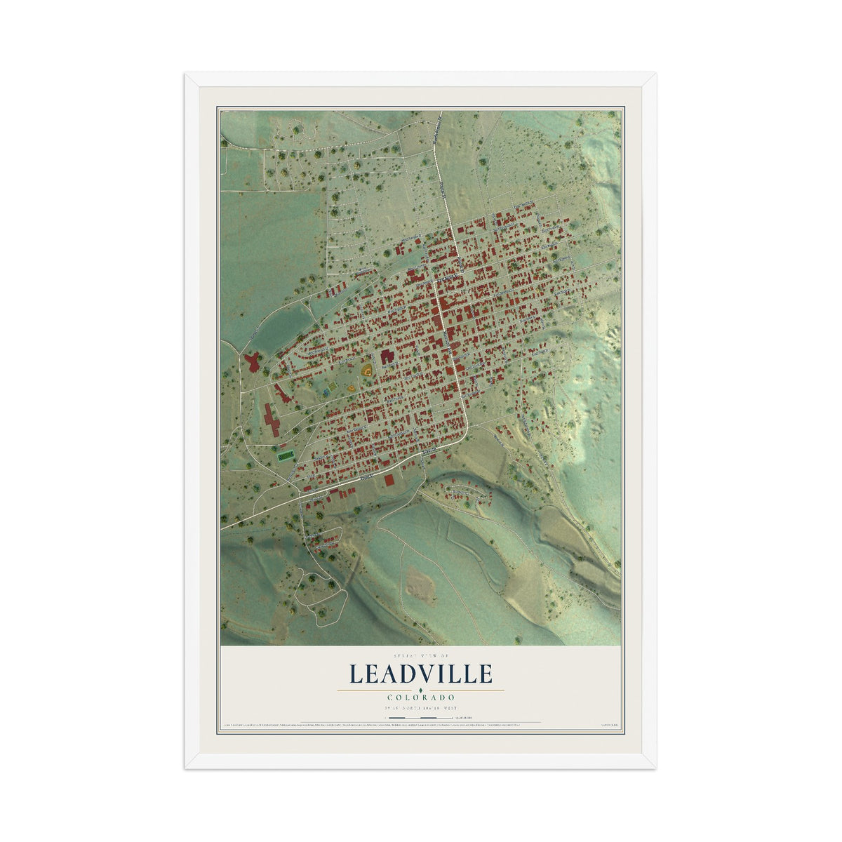Map of Leadville, Colorado, 12 x 18 inch print in a white wood frame