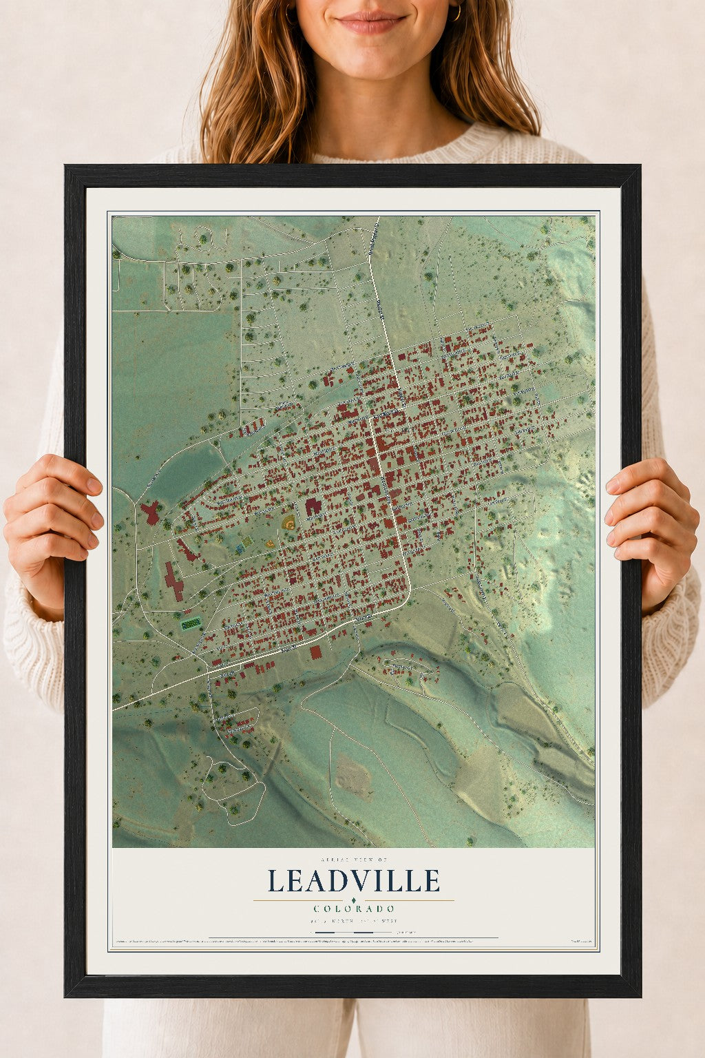 Map of Leadville, Colorado, 18 x 24 inch print in a black wood frame