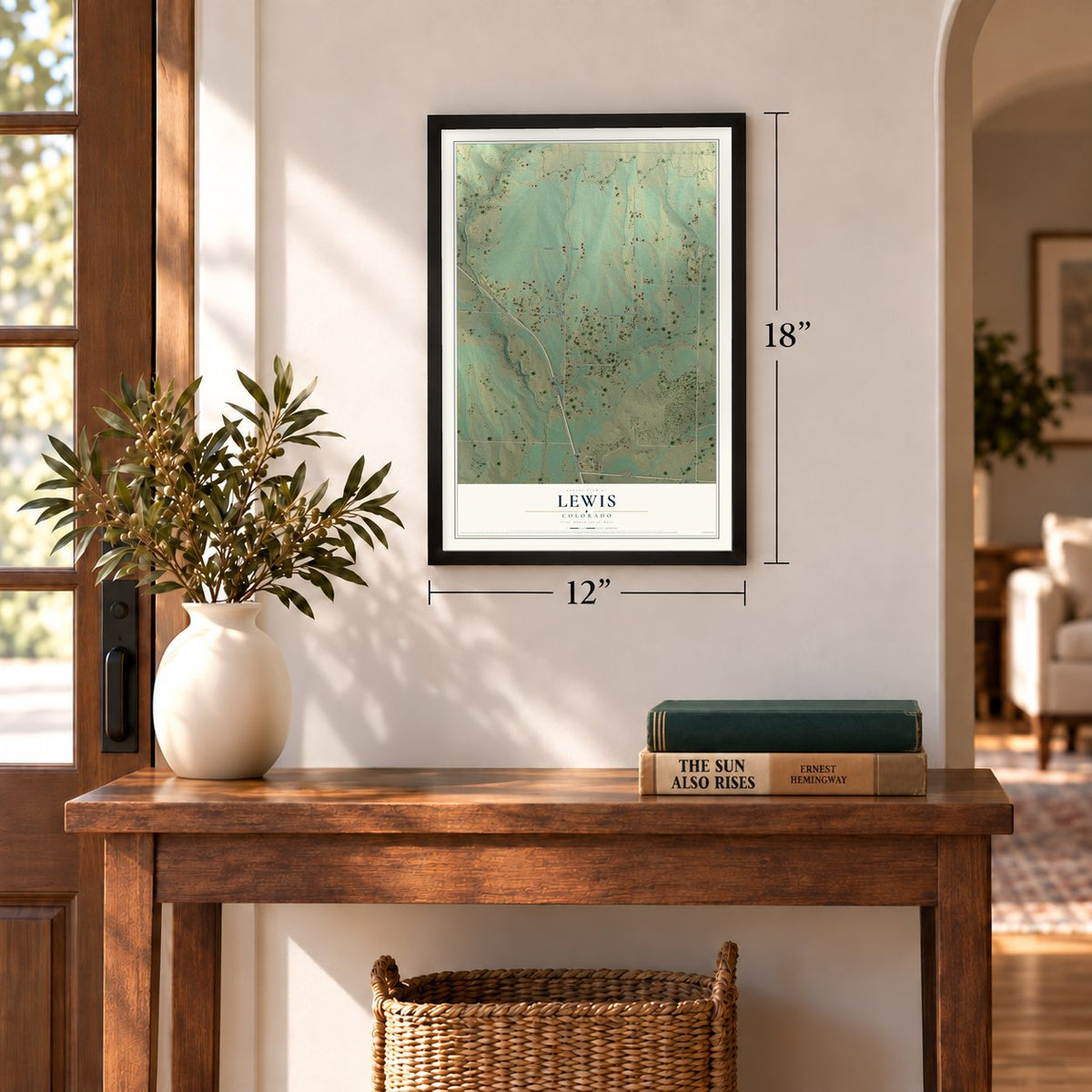 Lewis, Colorado map, 12 x 18 inch print in a black frame in an entryway