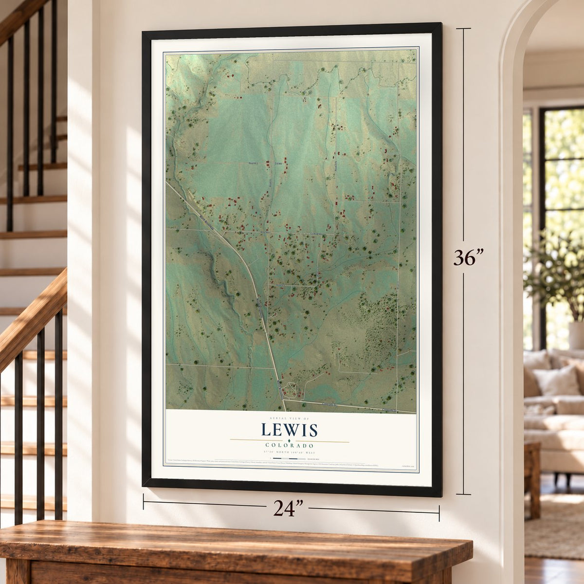 Lewis, Colorado map, 24 x 36 inch print in a black frame by a staircase