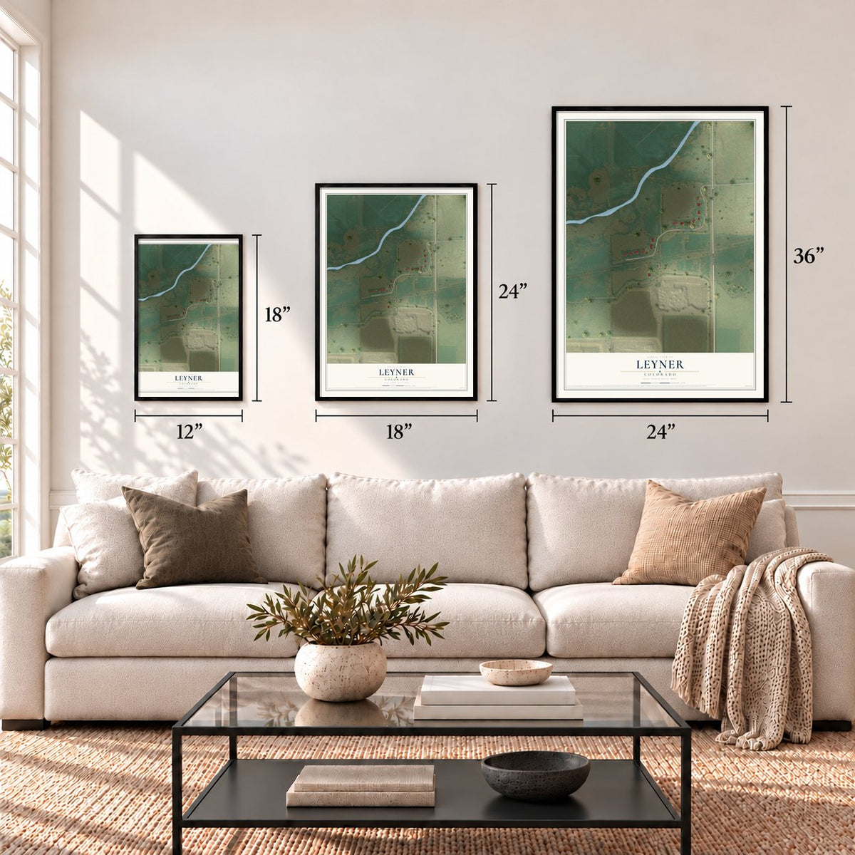 Leyner, Colorado map in 12 x 18, 18 x 24 and 24 x 36 inch sizes above a sofa