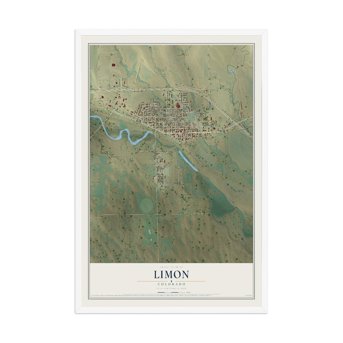 Map of Limon, Colorado, 12 x 18 inch print in a white wood frame