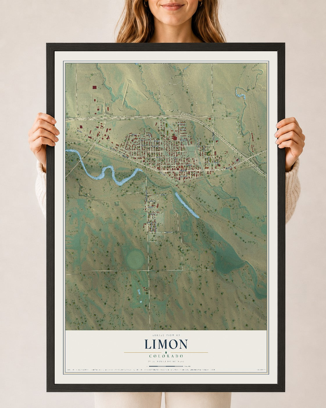 Map of Limon, Colorado, 24 x 36 inch print in a black wood frame