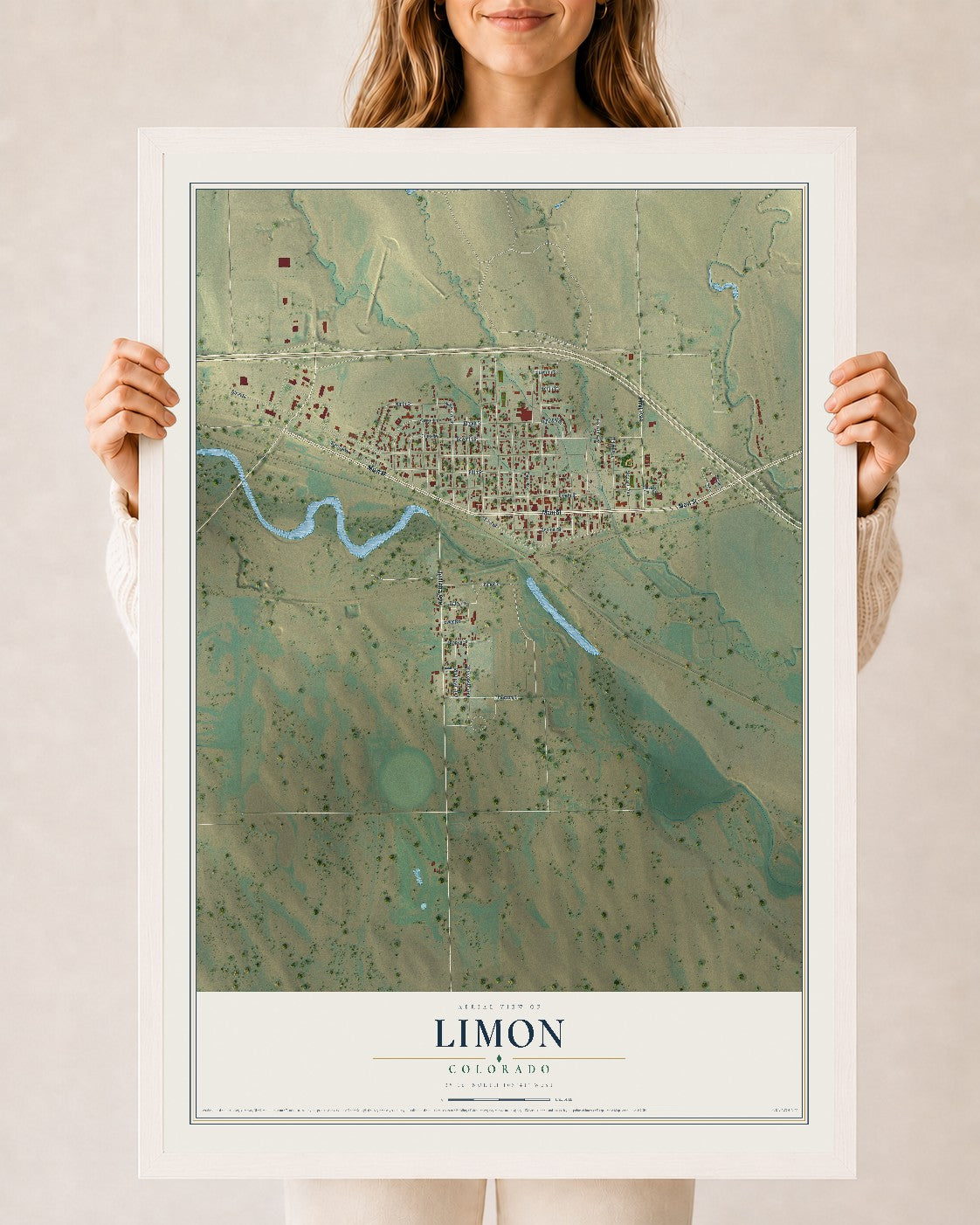 Map of Limon, Colorado, 24 x 36 inch print in a white wood frame
