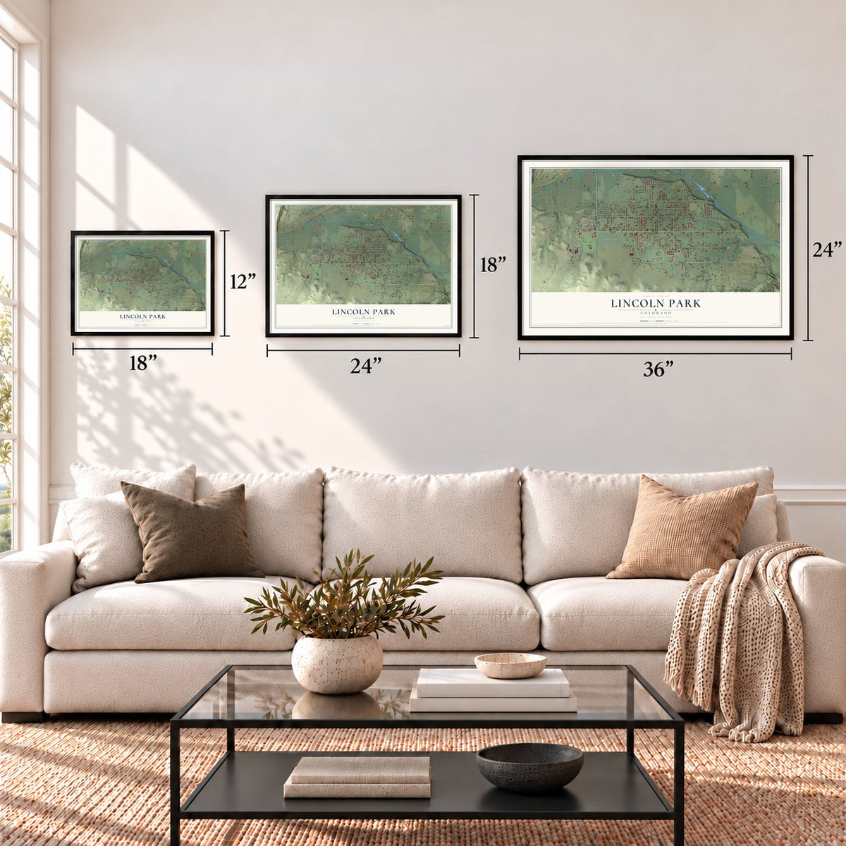Lincoln Park, Colorado map in 12 x 18, 18 x 24 and 24 x 36 inch sizes above a sofa
