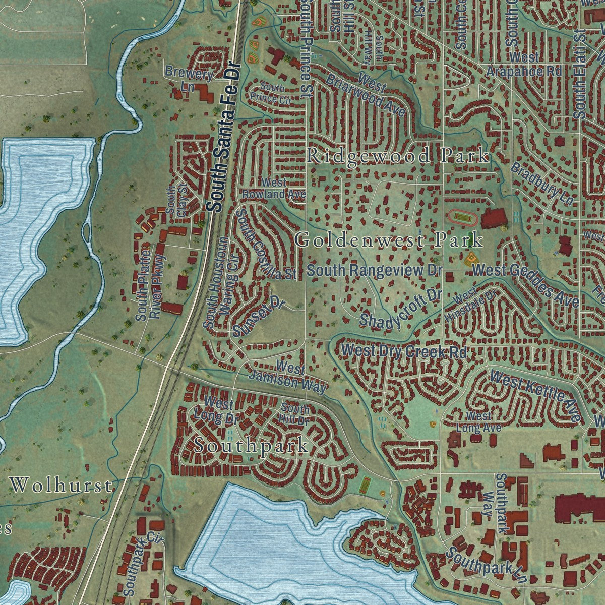 Close-up of the map of Littleton, Colorado print showing street and building detail