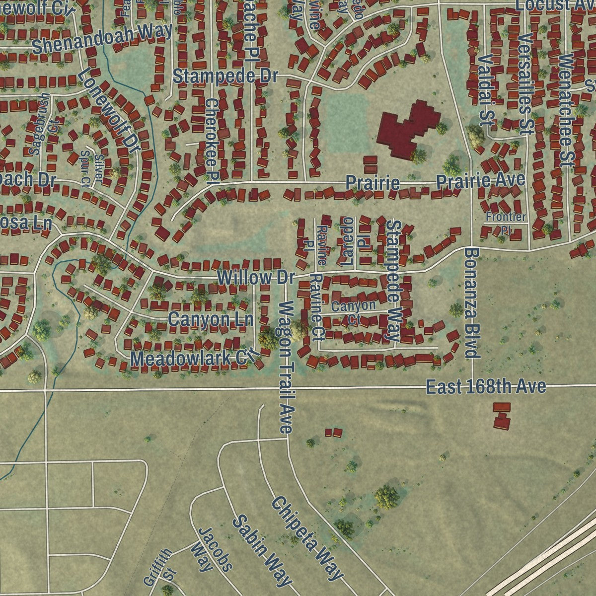 Close-up of the map of Lochbuie, Colorado print showing street and building detail