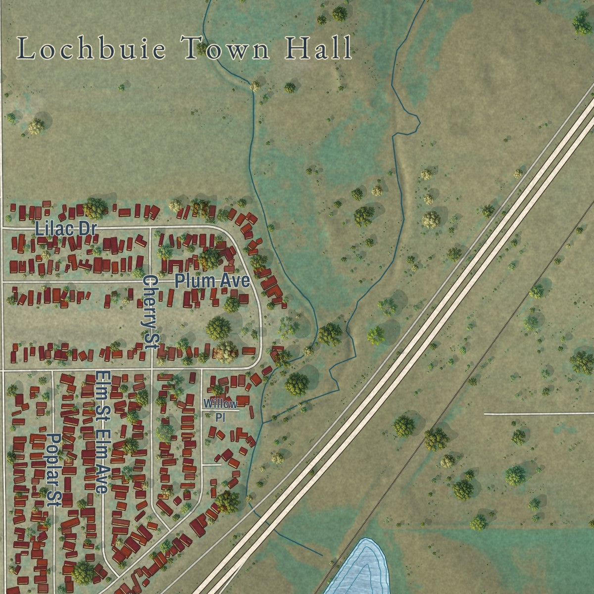 Second close-up of the map of Lochbuie, Colorado print showing more streets and buildings