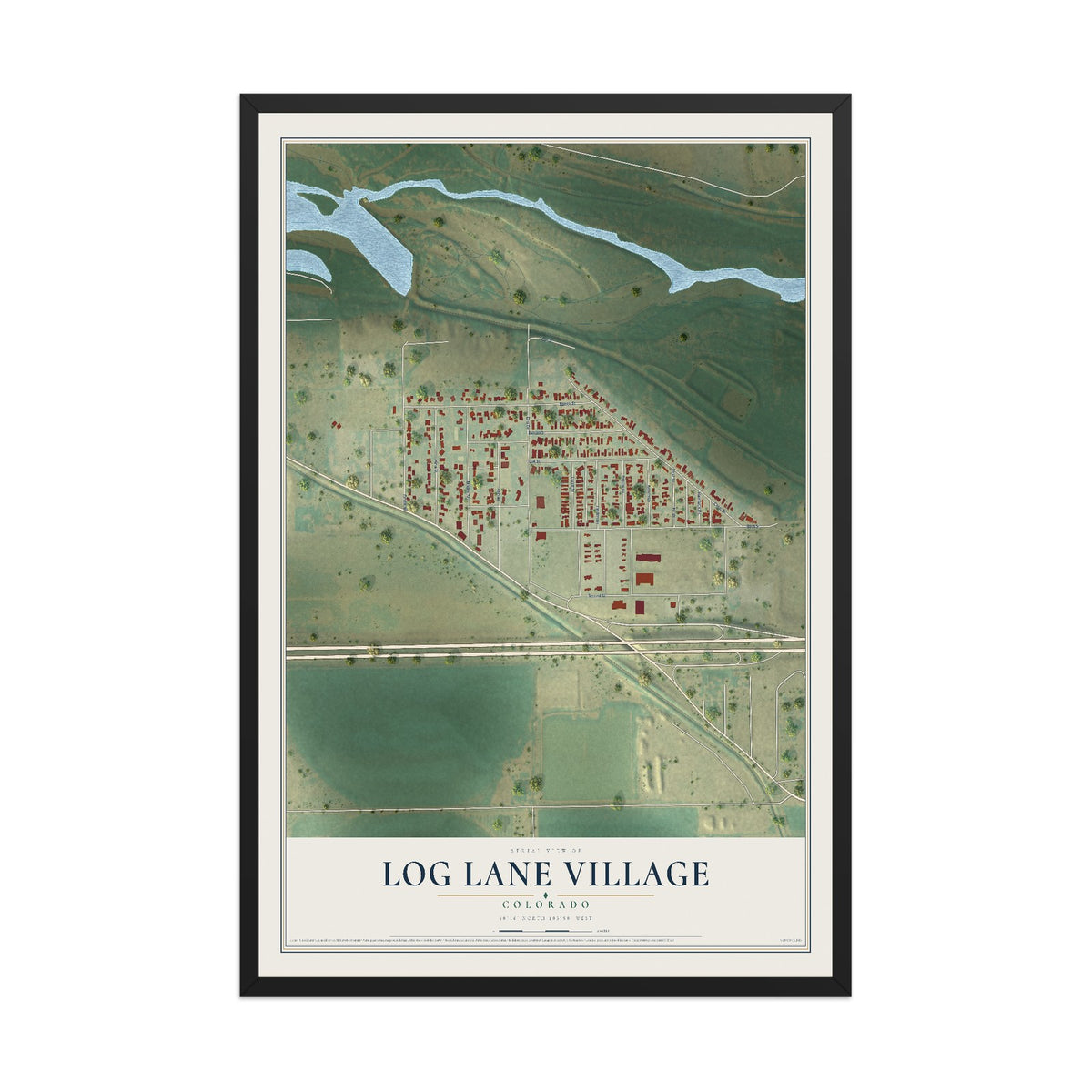 Map of Log Lane Village, Colorado, 12 x 18 inch print in a black wood frame