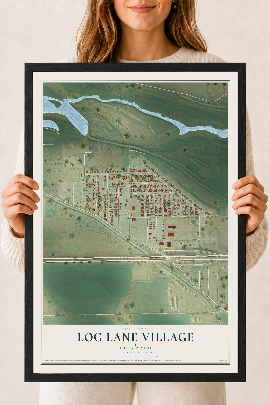 Map of Log Lane Village, Colorado, 18 x 24 inch print in a black wood frame