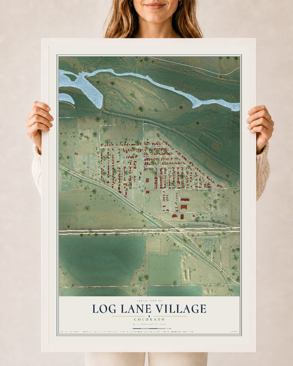 Map of Log Lane Village, Colorado, 24 x 36 inch print in a white wood frame