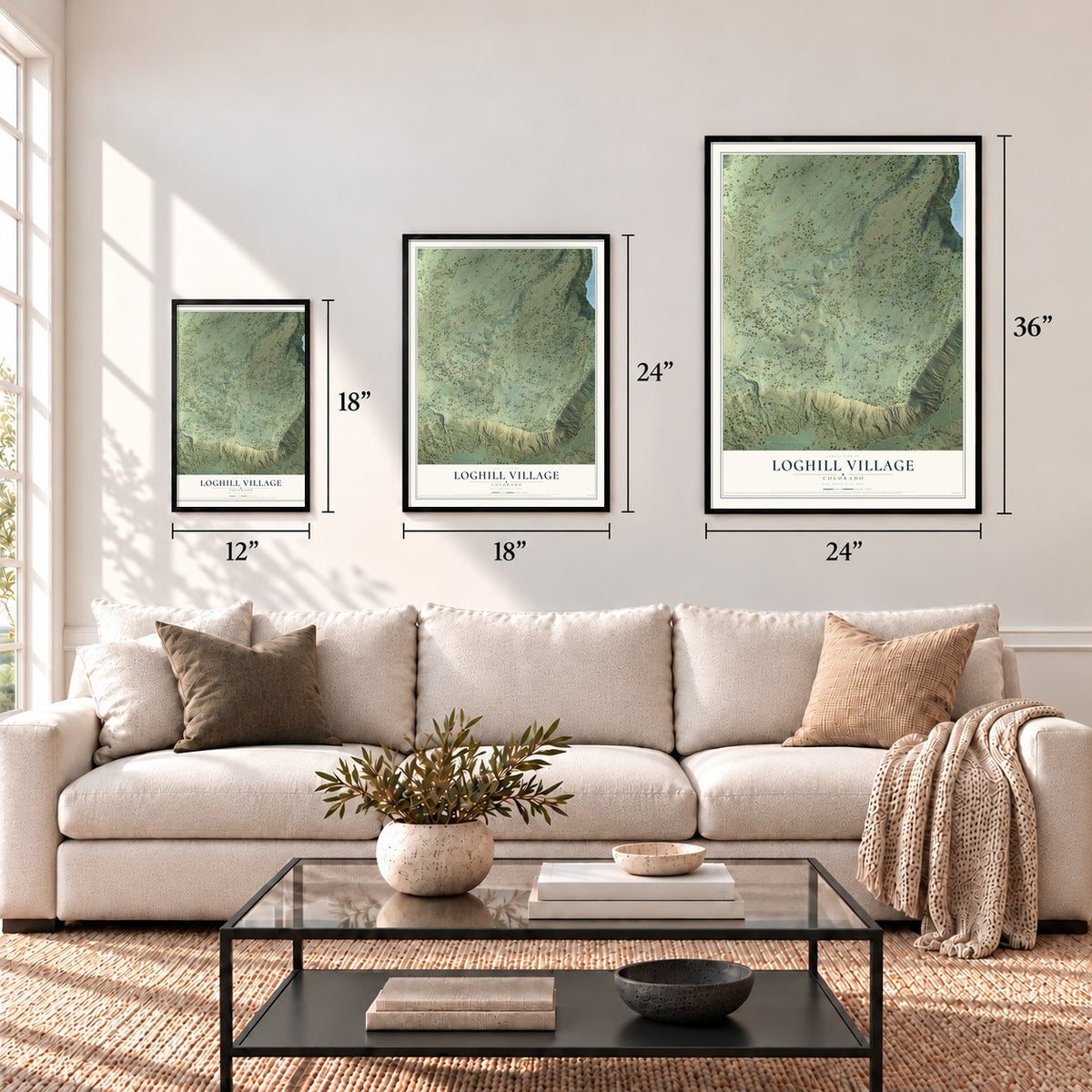 Loghill Village, Colorado map in 12 x 18, 18 x 24 and 24 x 36 inch sizes above a sofa
