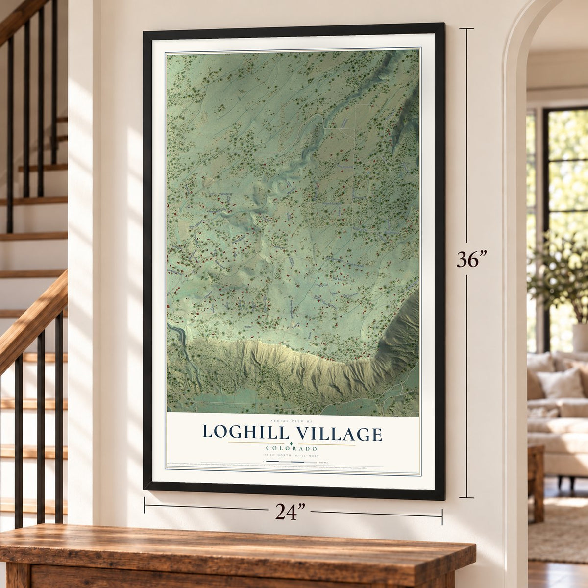 Loghill Village, Colorado map, 24 x 36 inch print in a black frame by a staircase