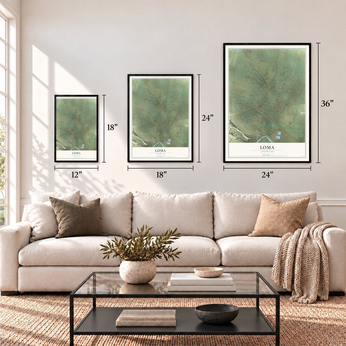 Loma, Colorado map in 12 x 18, 18 x 24 and 24 x 36 inch sizes above a sofa