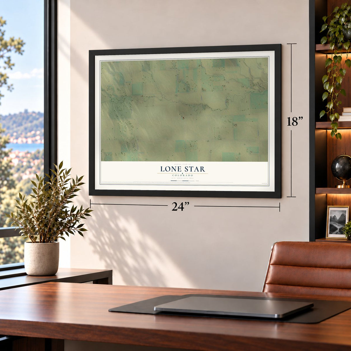 Lone Star, Colorado map, 18 x 24 inch print in a black frame in a home office