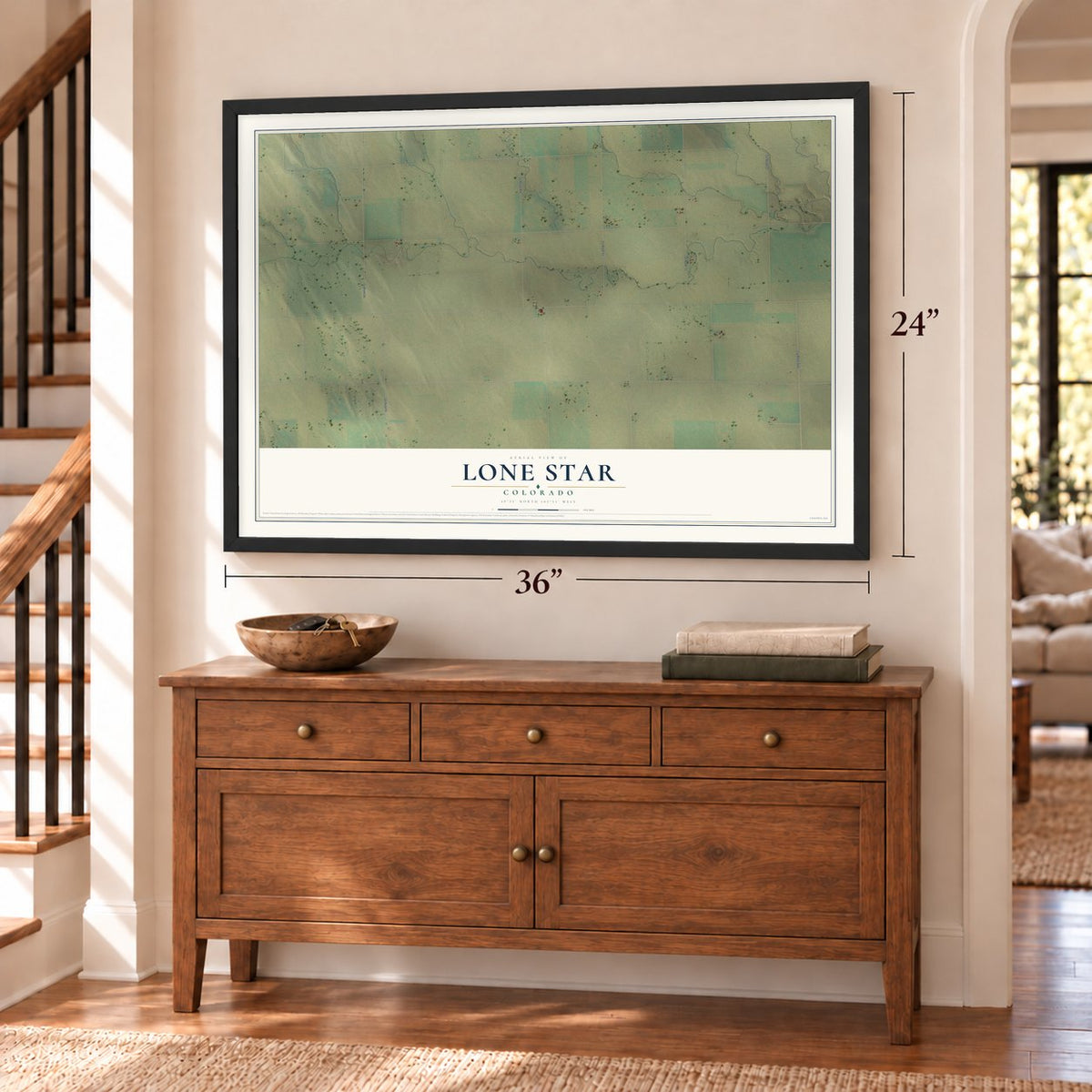 Lone Star, Colorado map, 24 x 36 inch print in a black frame above a dresser by a staircase